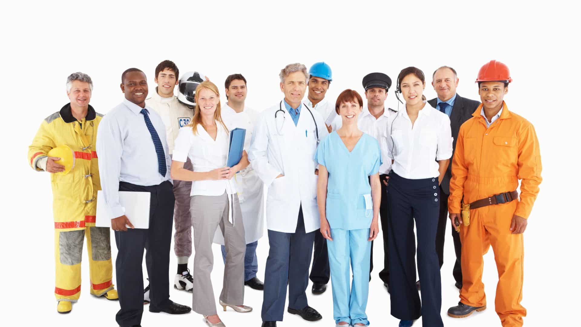 group of people from various professional background like doctor, nurse, firefighter, engineer, lawyer