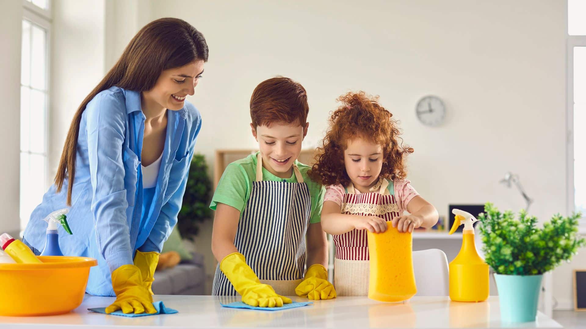 Children and female cleaning the house